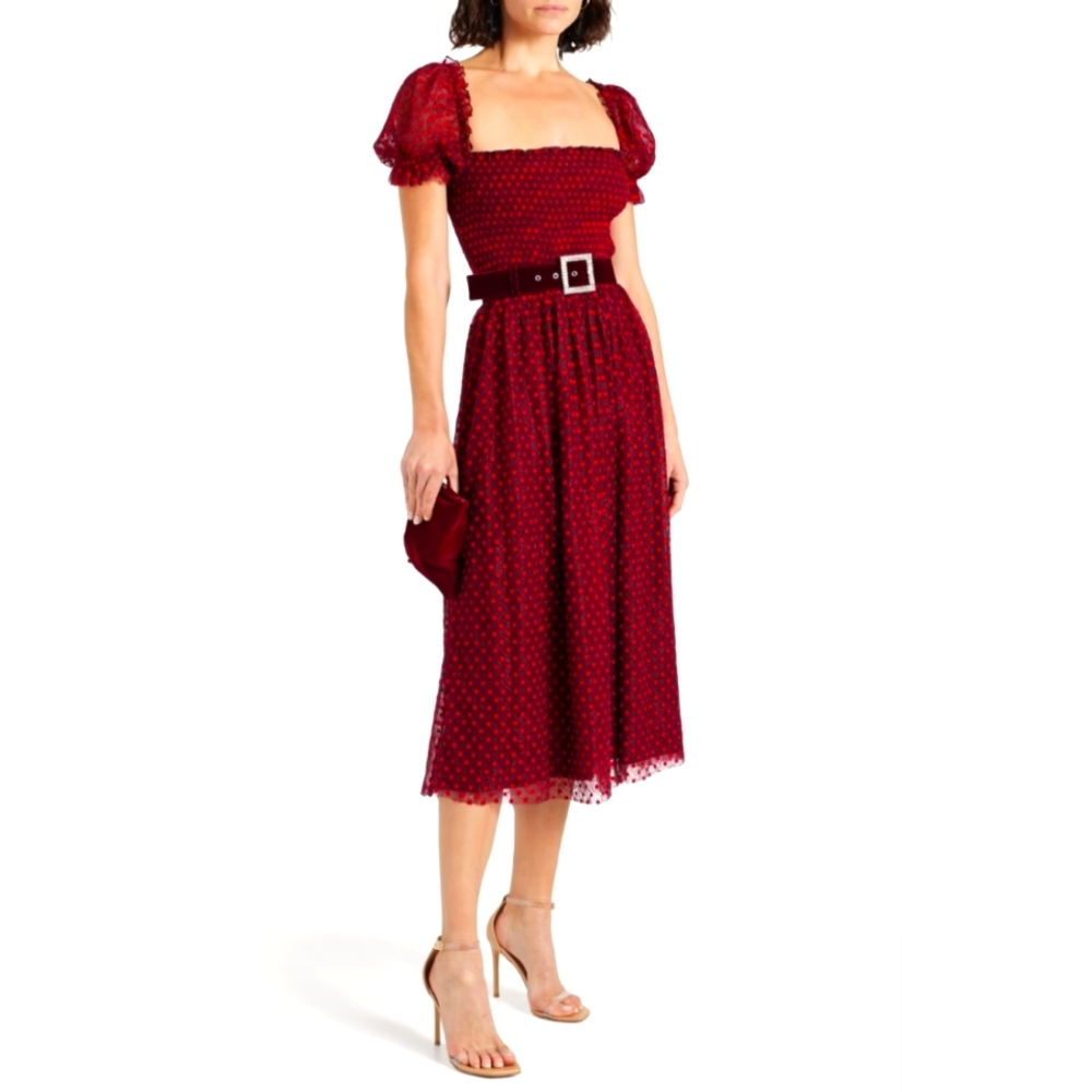 REBECCA VALLANCE Midnight Kiss belted flocked lace midi polka dot dress sz 8